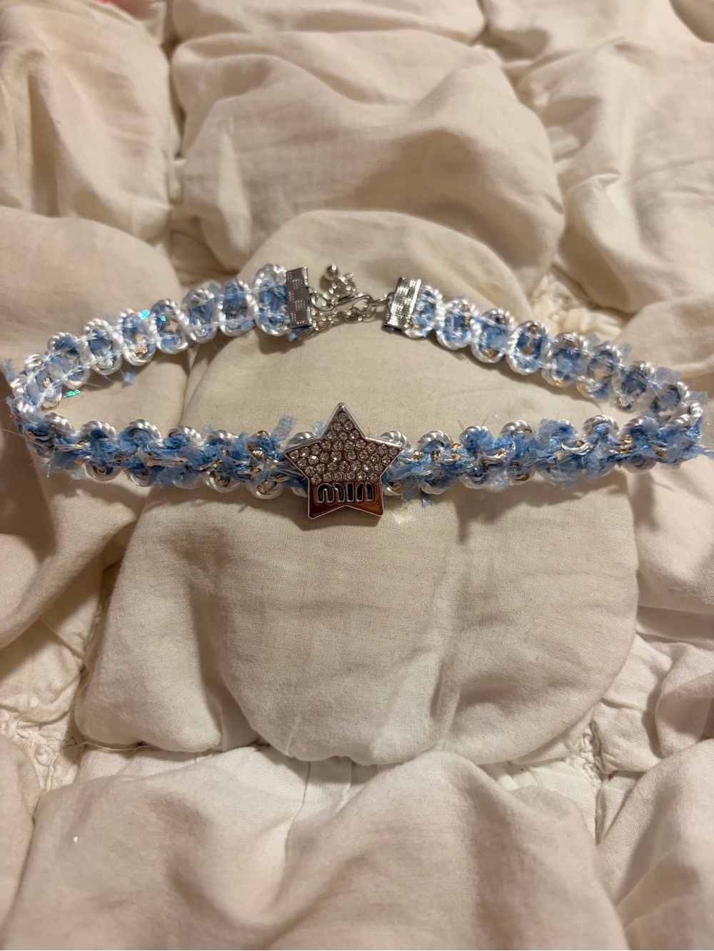 Miu Miu Silver-Tone Blue Tweed and Crystal Star Choker Necklace